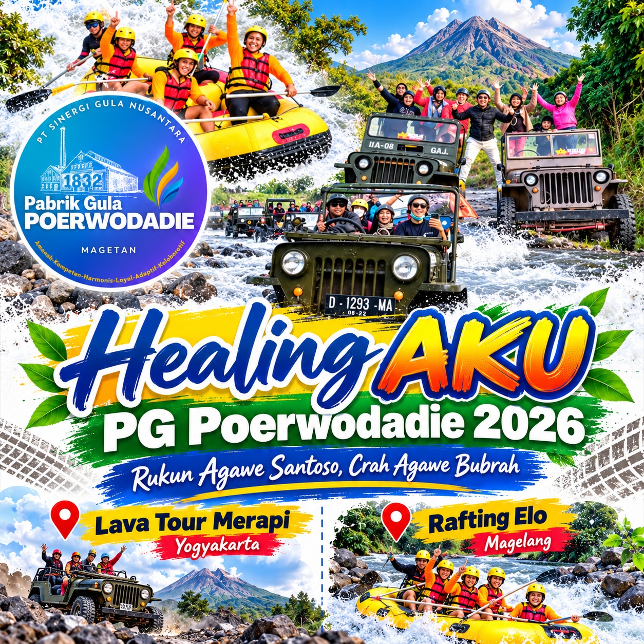 Ilustrasi kegiatan Healing PG Poerwodadie: rafting dan Lava Tour Merapi di Yogyakarta